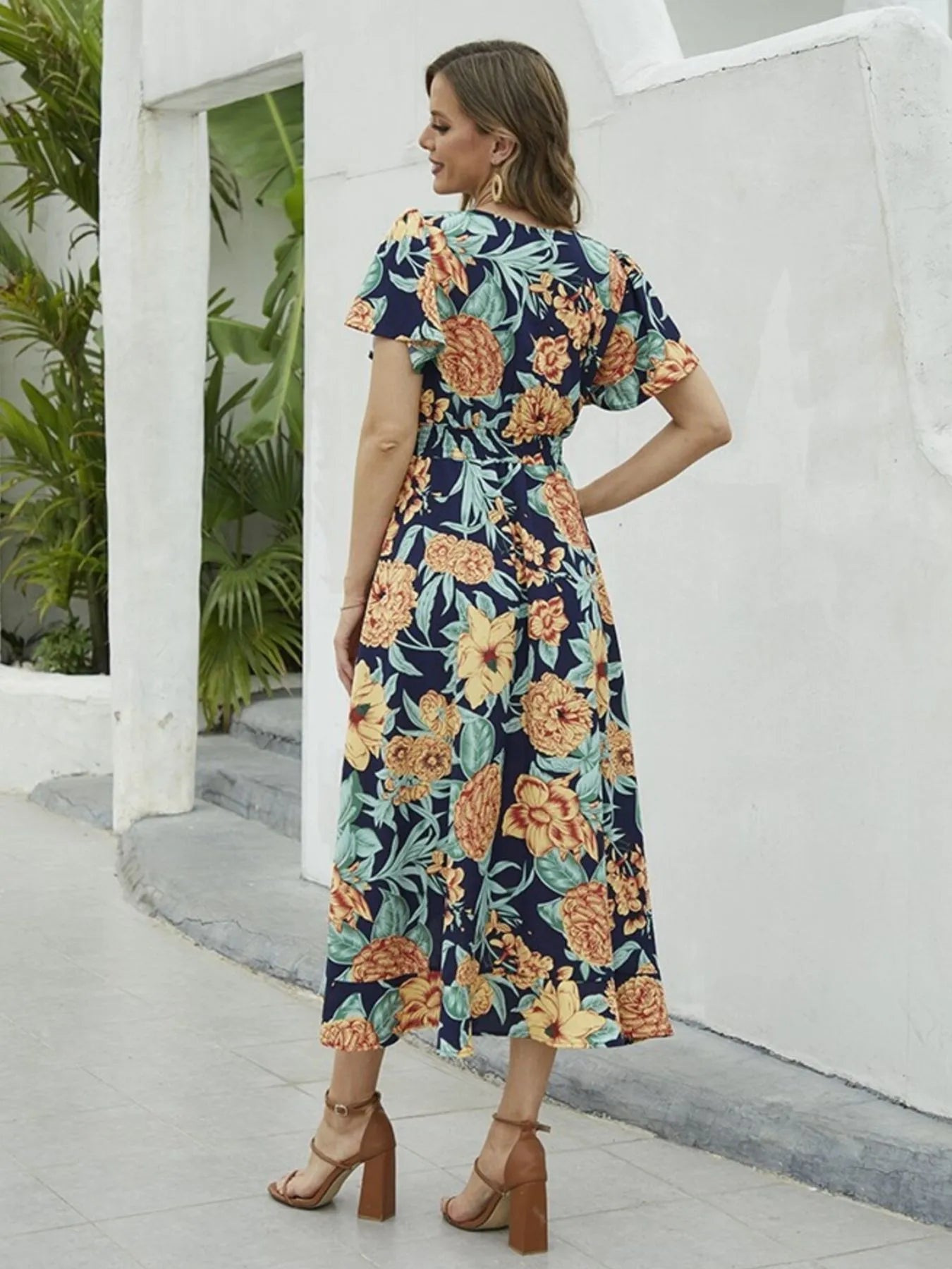 Floral Print Short Sleeve Wrap Midi Dress.