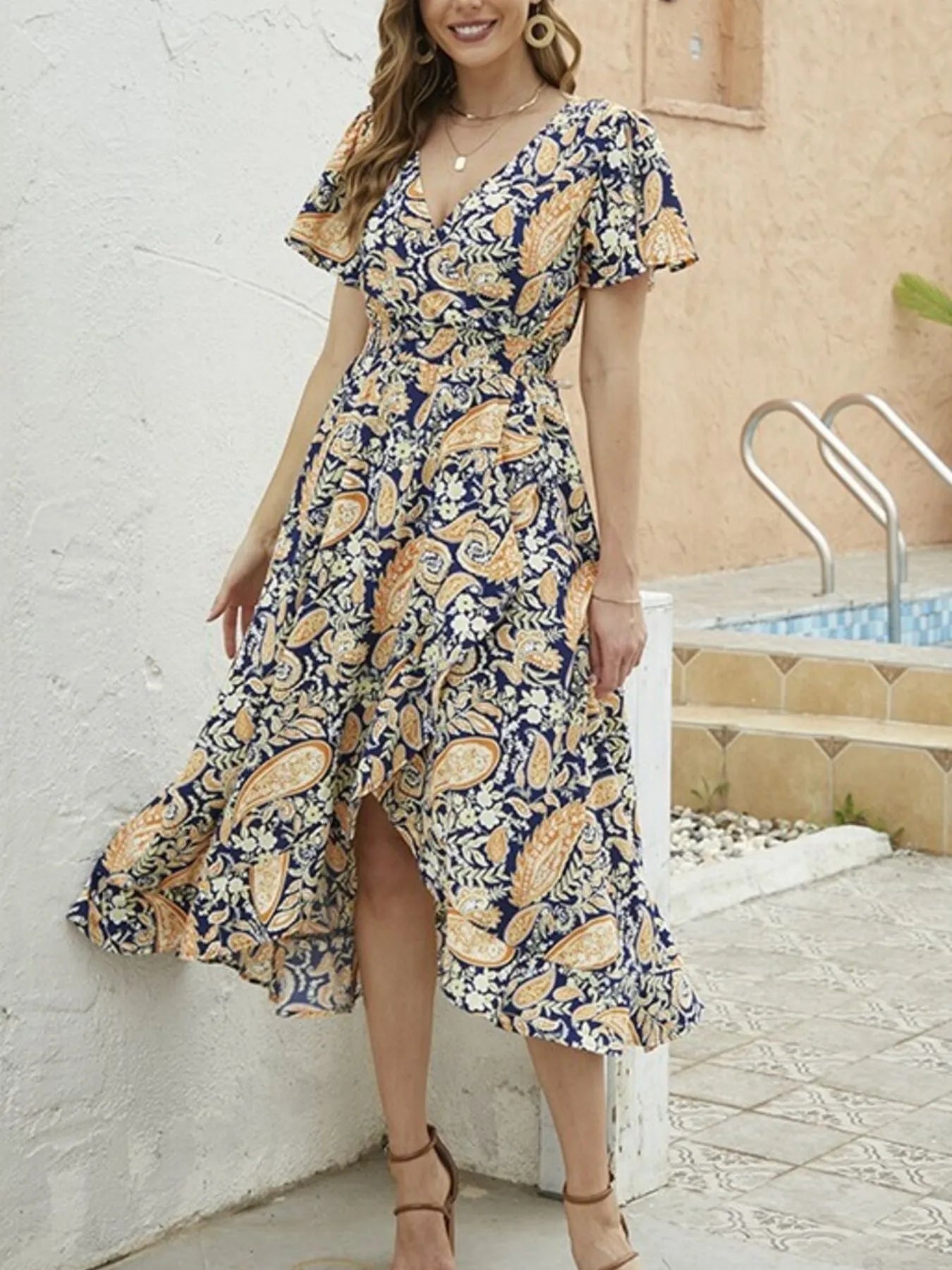 Floral Print Short Sleeve Wrap Midi Dress.