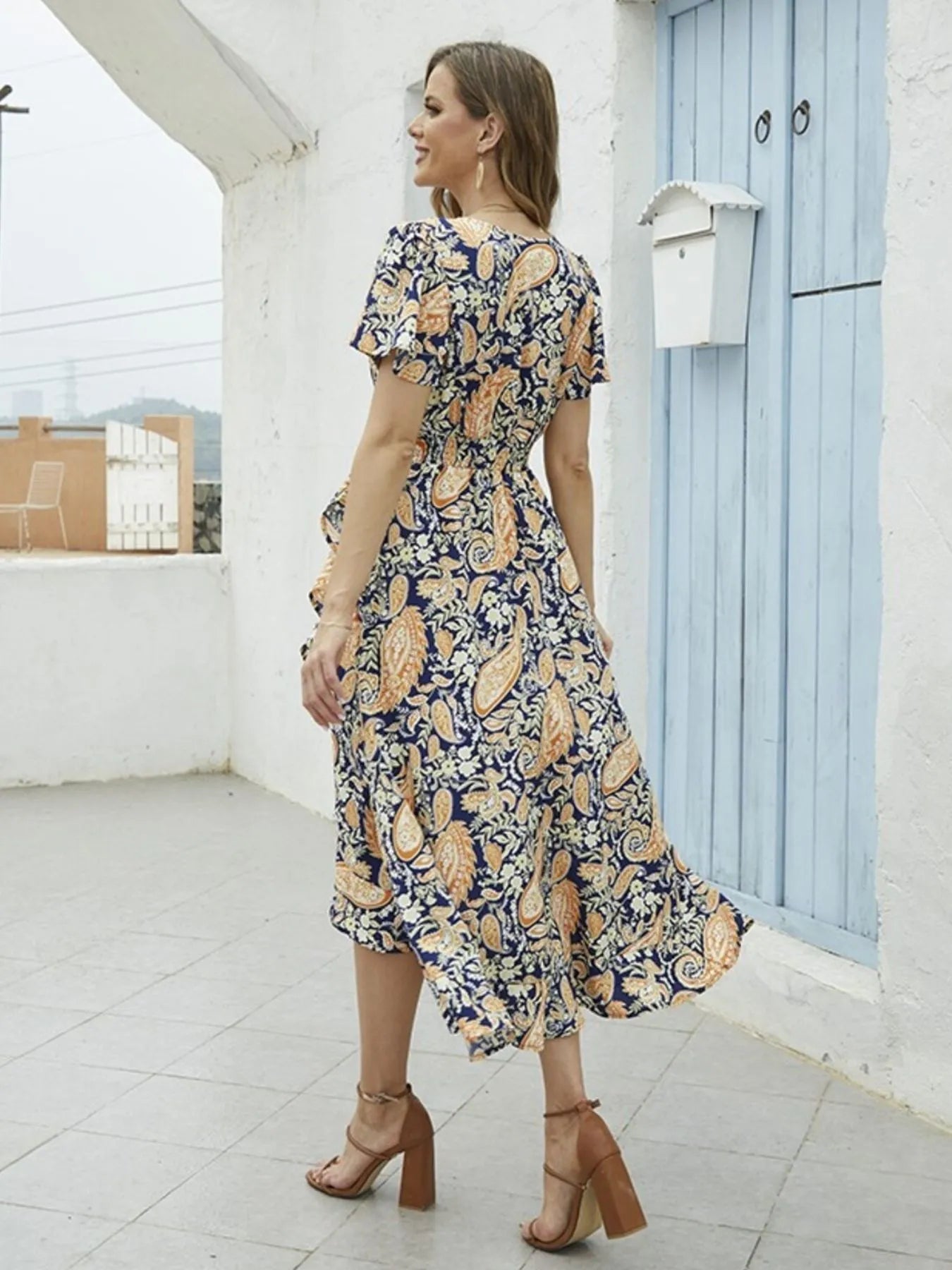 Floral Print Short Sleeve Wrap Midi Dress.