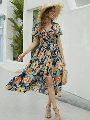 Floral Print Short Sleeve Wrap Midi Dress.
