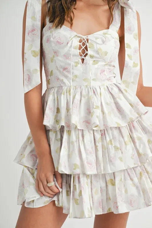 Mable Floral Print Shoulder Tie Layered Mini Dress.