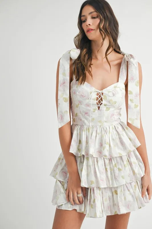 Mable Floral Print Shoulder Tie Layered Mini Dress.