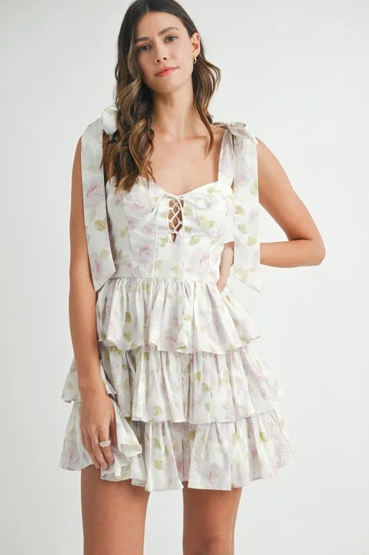 Mable Floral Print Shoulder Tie Layered Mini Dress.