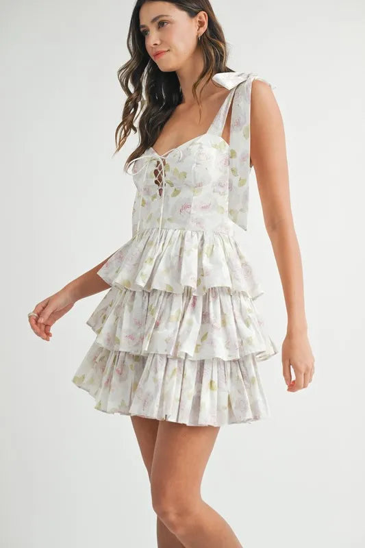 Mable Floral Print Shoulder Tie Layered Mini Dress.