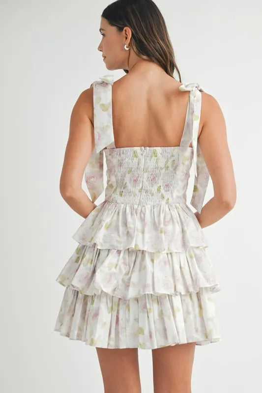 Mable Floral Print Shoulder Tie Layered Mini Dress.