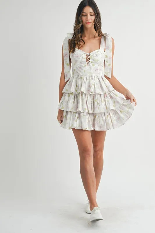 Mable Floral Print Shoulder Tie Layered Mini Dress.
