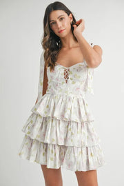 Mable Floral Print Shoulder Tie Layered Mini Dress.