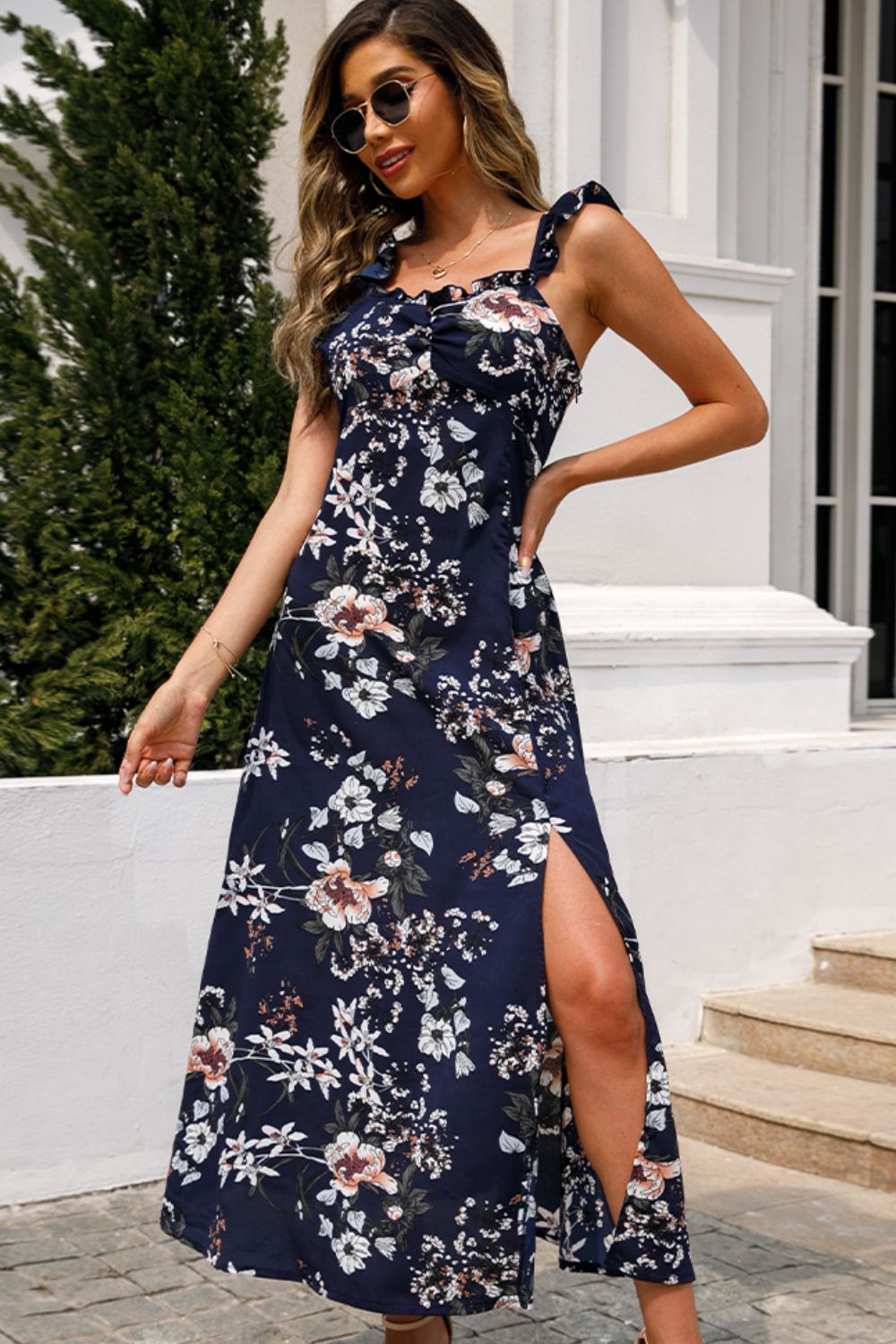 Shiny Floral Print Sleeveless Square Neck Slit Midi Dress.
