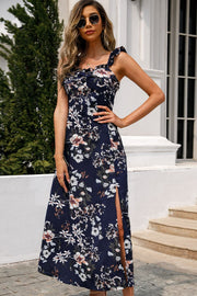 Shiny Floral Print Sleeveless Square Neck Slit Midi Dress.