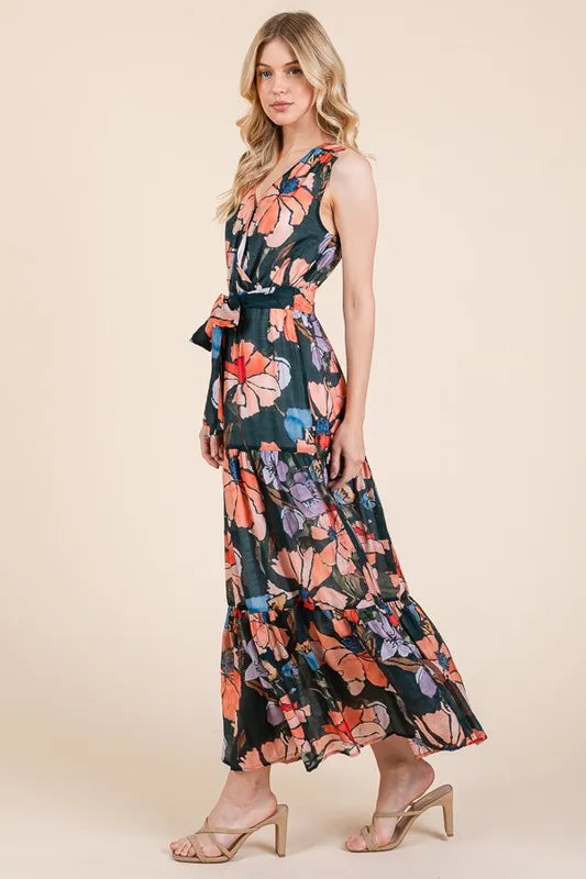 Lime N Chili Floral Print Sleeveless Tie Waist Maxi Dress.