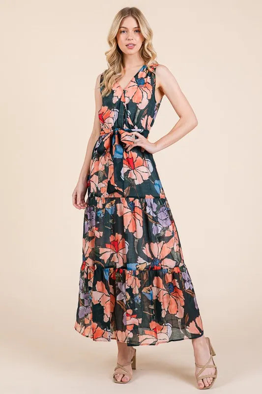 Lime N Chili Floral Print Sleeveless Tie Waist Maxi Dress.