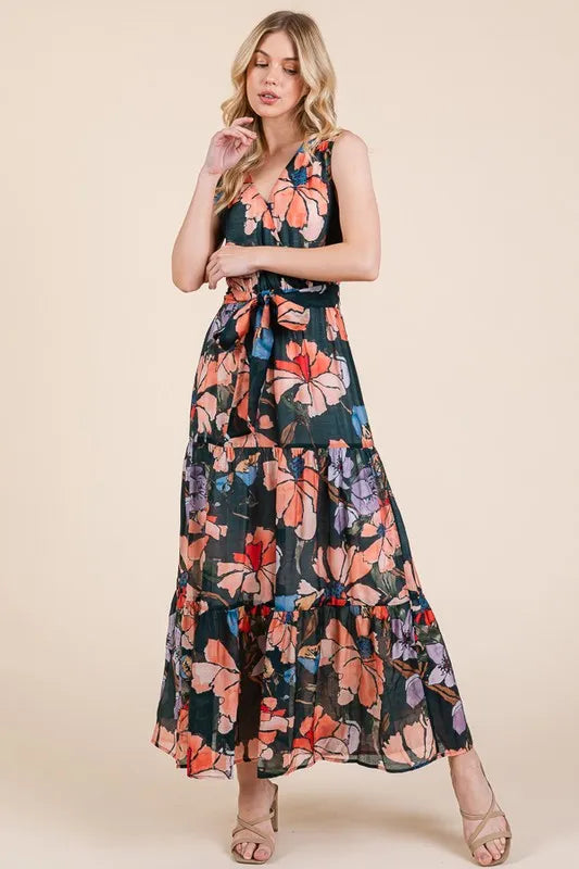 Lime N Chili Floral Print Sleeveless Tie Waist Maxi Dress.