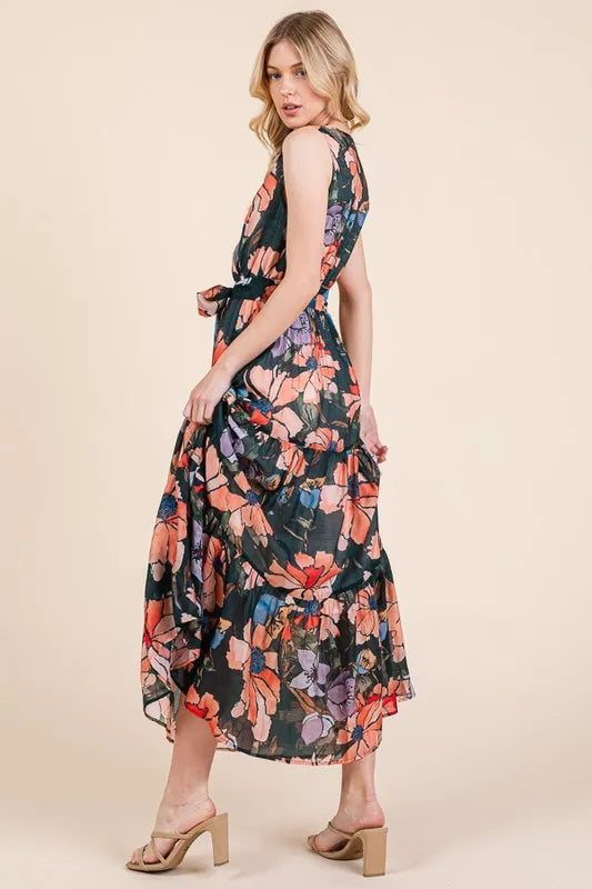 Lime N Chili Floral Print Sleeveless Tie Waist Maxi Dress.