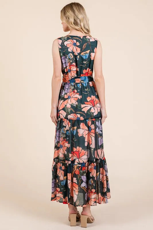 Lime N Chili Floral Print Sleeveless Tie Waist Maxi Dress.