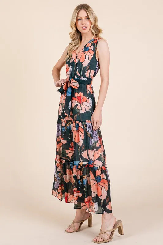 Lime N Chili Floral Print Sleeveless Tie Waist Maxi Dress.
