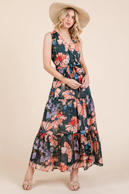 Lime N Chili Floral Print Sleeveless Tie Waist Maxi Dress.