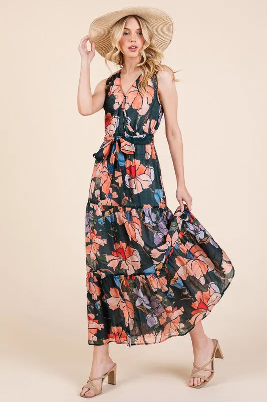 Lime N Chili Floral Print Sleeveless Tie Waist Maxi Dress.