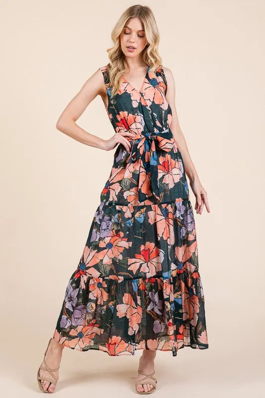 Lime N Chili Floral Print Sleeveless Tie Waist Maxi Dress.