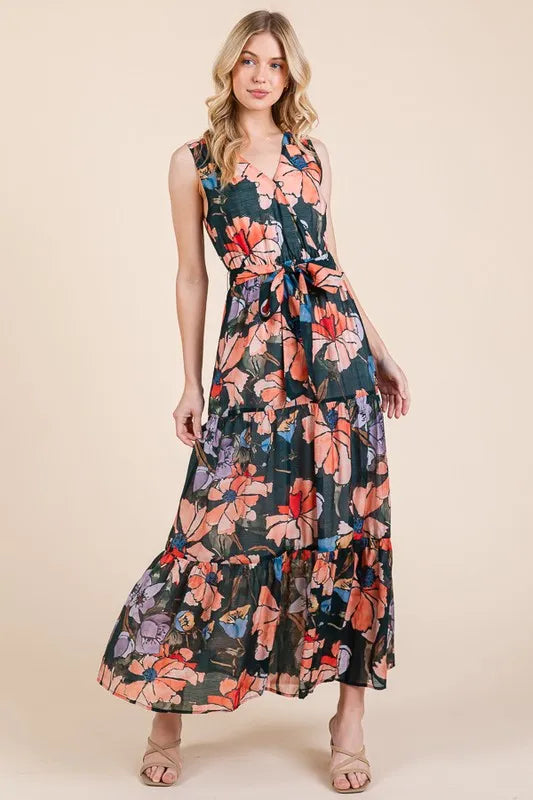 Lime N Chili Floral Print Sleeveless Tie Waist Maxi Dress.