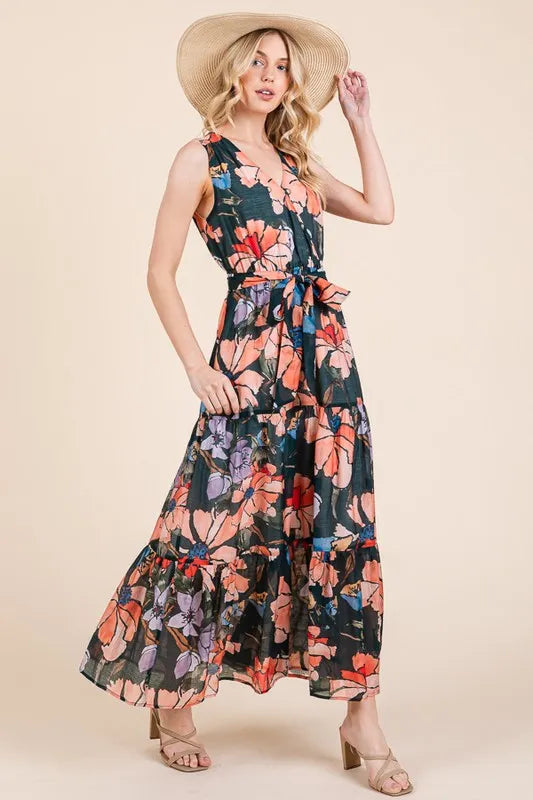 Lime N Chili Floral Print Sleeveless Tie Waist Maxi Dress.