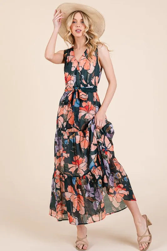 Lime N Chili Floral Print Sleeveless Tie Waist Maxi Dress.