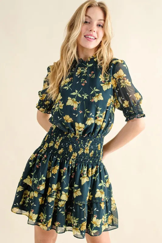 And The Why Floral Print Smocked Waist Mini Dress.