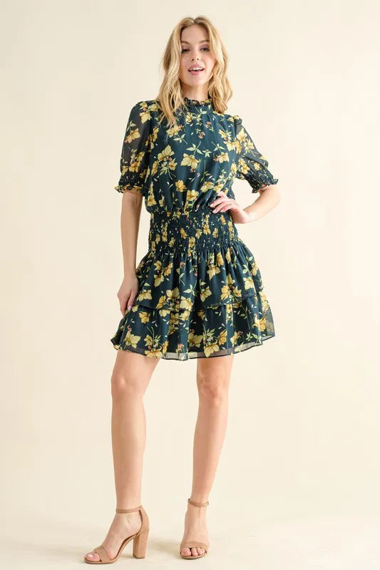 And The Why Floral Print Smocked Waist Mini Dress.