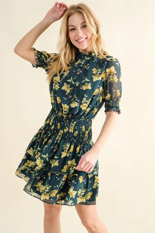 And The Why Floral Print Smocked Waist Mini Dress.
