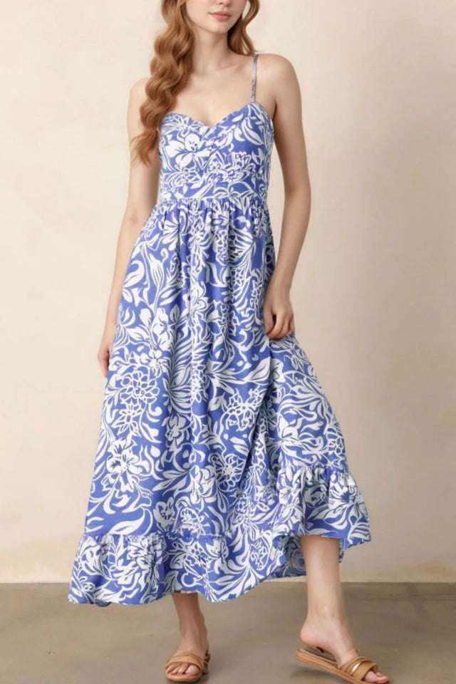 Floral Notched Summer Mini Dress with Striped Trim.