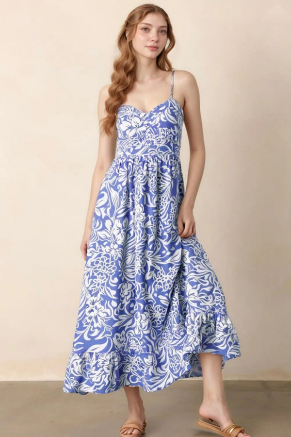 Floral Print Spaghetti Strap High Waist Dress.