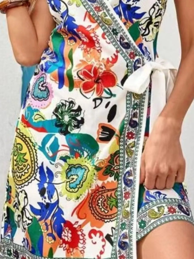 Floral Print Spaghetti Strap Wrap Mini Dress.