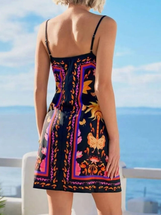 Floral Print Spaghetti Strap Wrap Mini Dress.