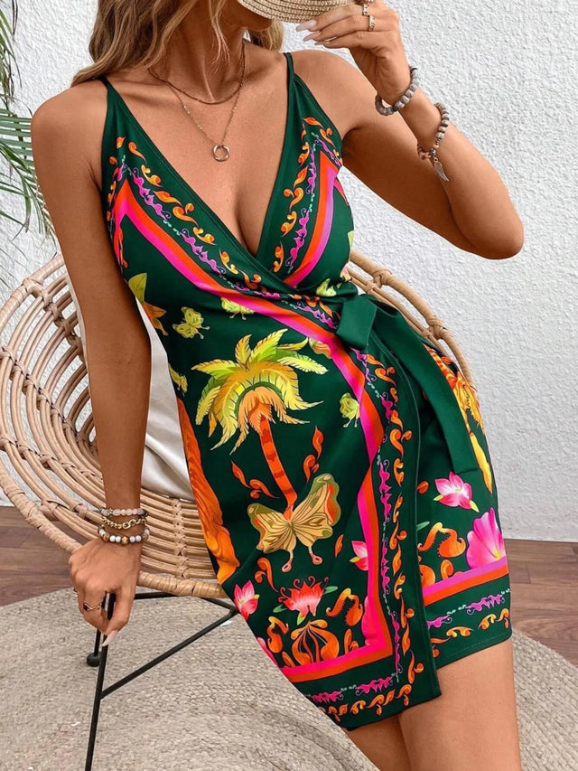 Floral Print Spaghetti Strap Wrap Mini Dress.