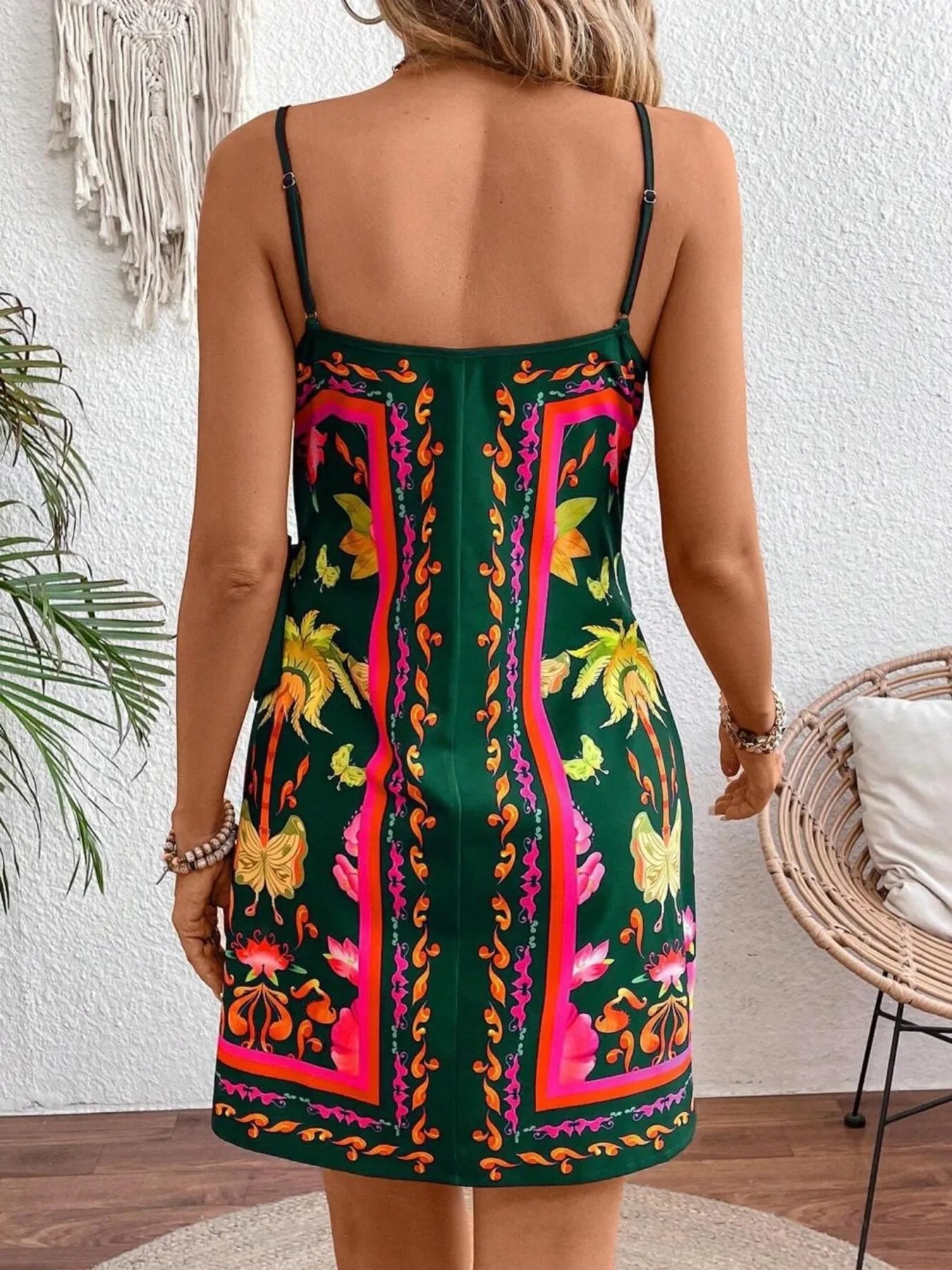 Floral Print Spaghetti Strap Wrap Mini Dress.
