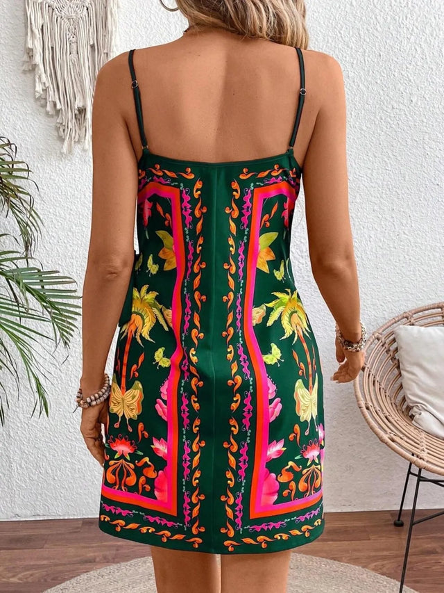 Floral Print Spaghetti Strap Wrap Mini Dress.