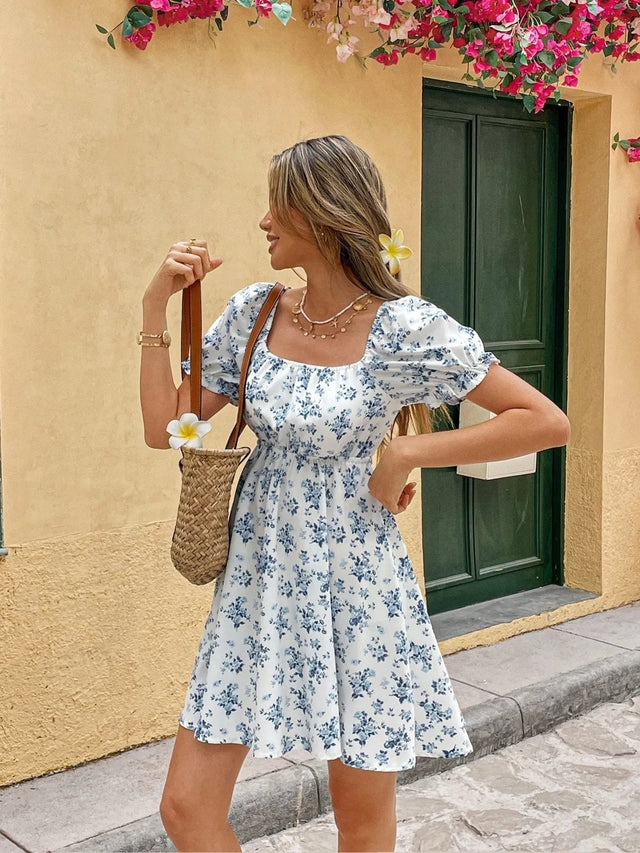 Floral Print Square Neck Mini Dress.