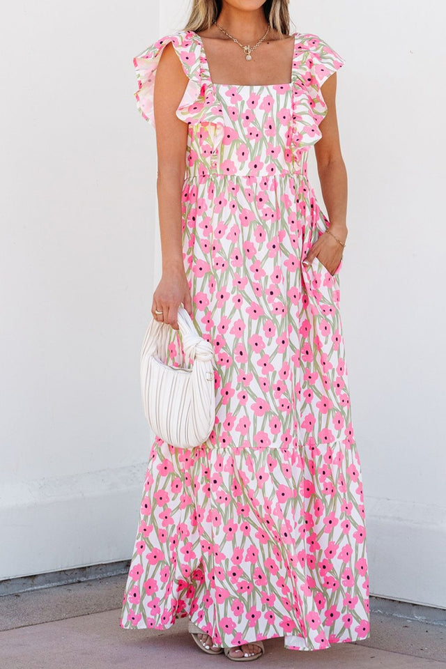 Floral Print Square Neck Ruffled Cap Sleeve Maxi Dress.