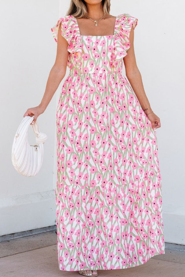 Floral Print Square Neck Ruffled Cap Sleeve Maxi Dress.