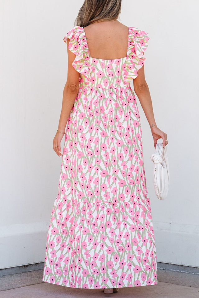 Floral Print Square Neck Ruffled Cap Sleeve Maxi Dress.