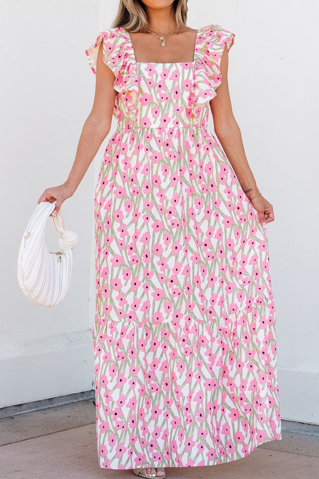 Floral Print Square Neck Ruffled Cap Sleeve Maxi Dress.