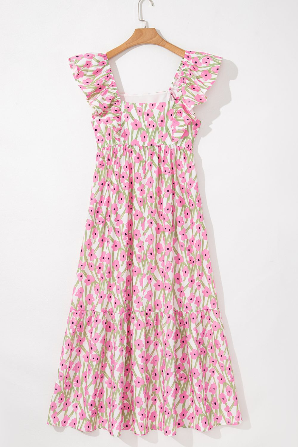 Floral Print Square Neck Ruffled Cap Sleeve Maxi Dress.