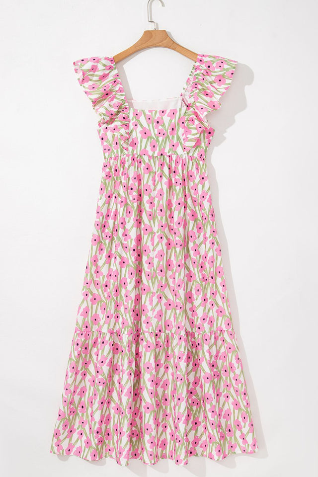 Floral Print Square Neck Ruffled Cap Sleeve Maxi Dress.