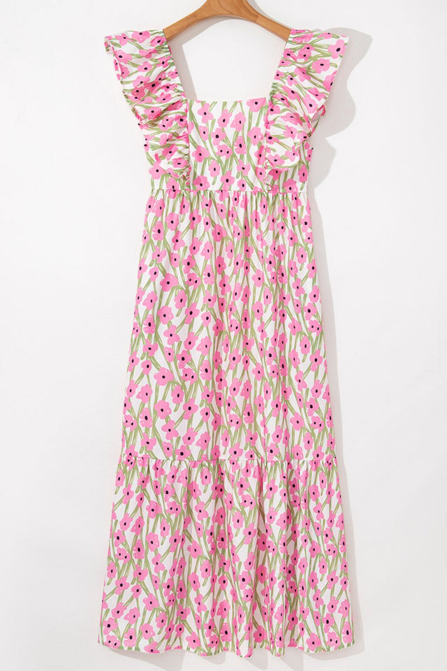Floral Print Square Neck Ruffled Cap Sleeve Maxi Dress.