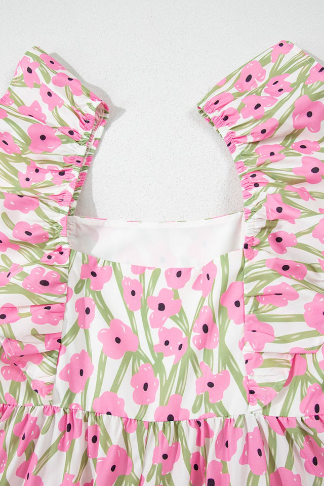 Floral Print Square Neck Ruffled Cap Sleeve Maxi Dress.