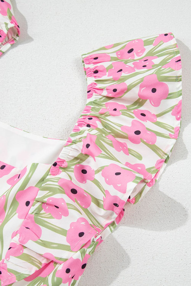 Floral Print Square Neck Ruffled Cap Sleeve Maxi Dress.