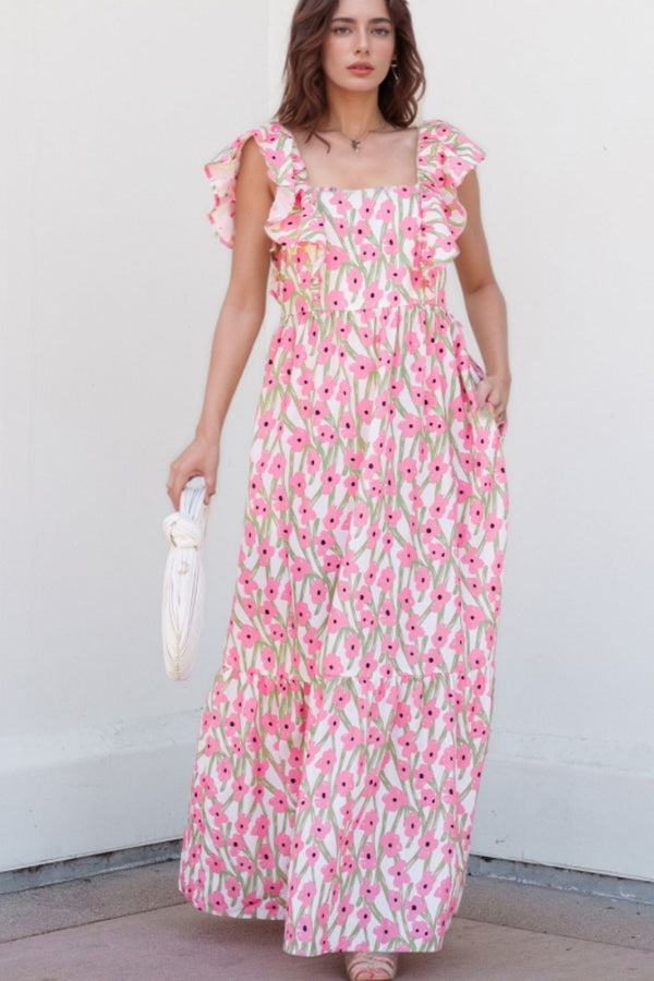 Floral Print Square Neck Ruffled Cap Sleeve Maxi Dress.