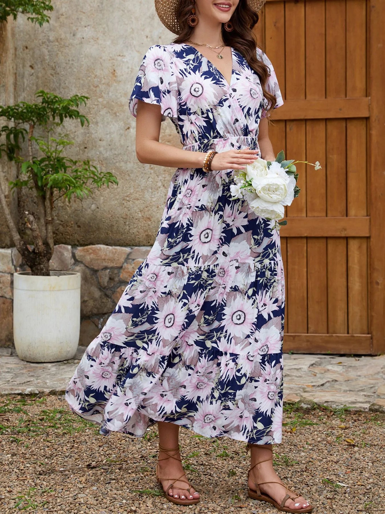 Floral Print Surplice Midi Dress.