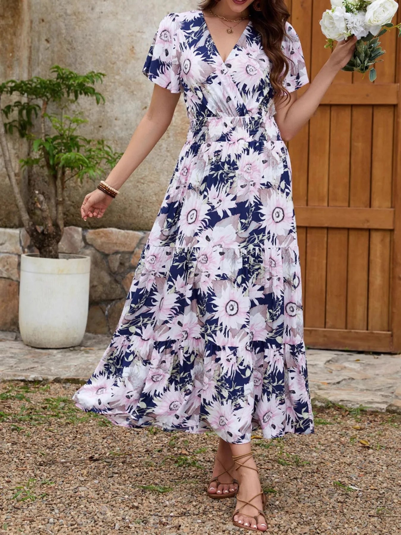 Floral Print Surplice Midi Dress.