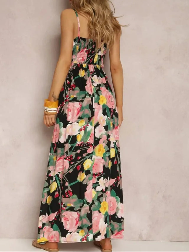 Floral Print Surplice Spaghetti Strap Maxi Dress.