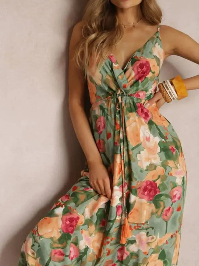 Floral Print Surplice Spaghetti Strap Maxi Dress.